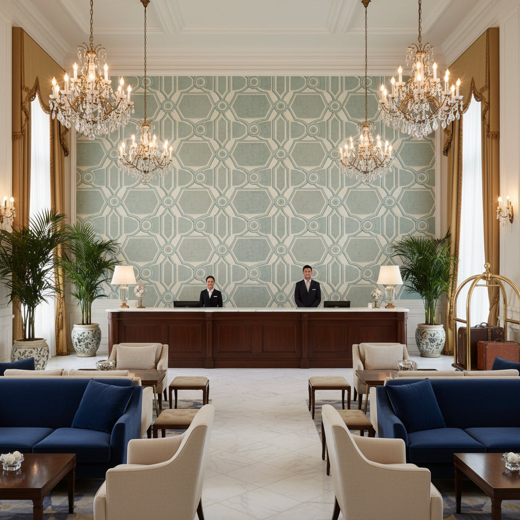 T8019105.13.0 | Kravet - Hotel Lobby Visualization (AI-generated, may not be to scale. Verify pattern scale with product specifications.)