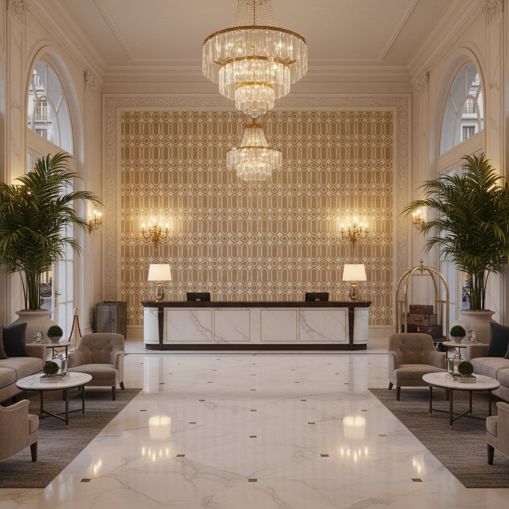 T8019105.16.0 | Kravet - Hotel Lobby Visualization (AI-generated, may not be to scale. Verify pattern scale with product specifications.)