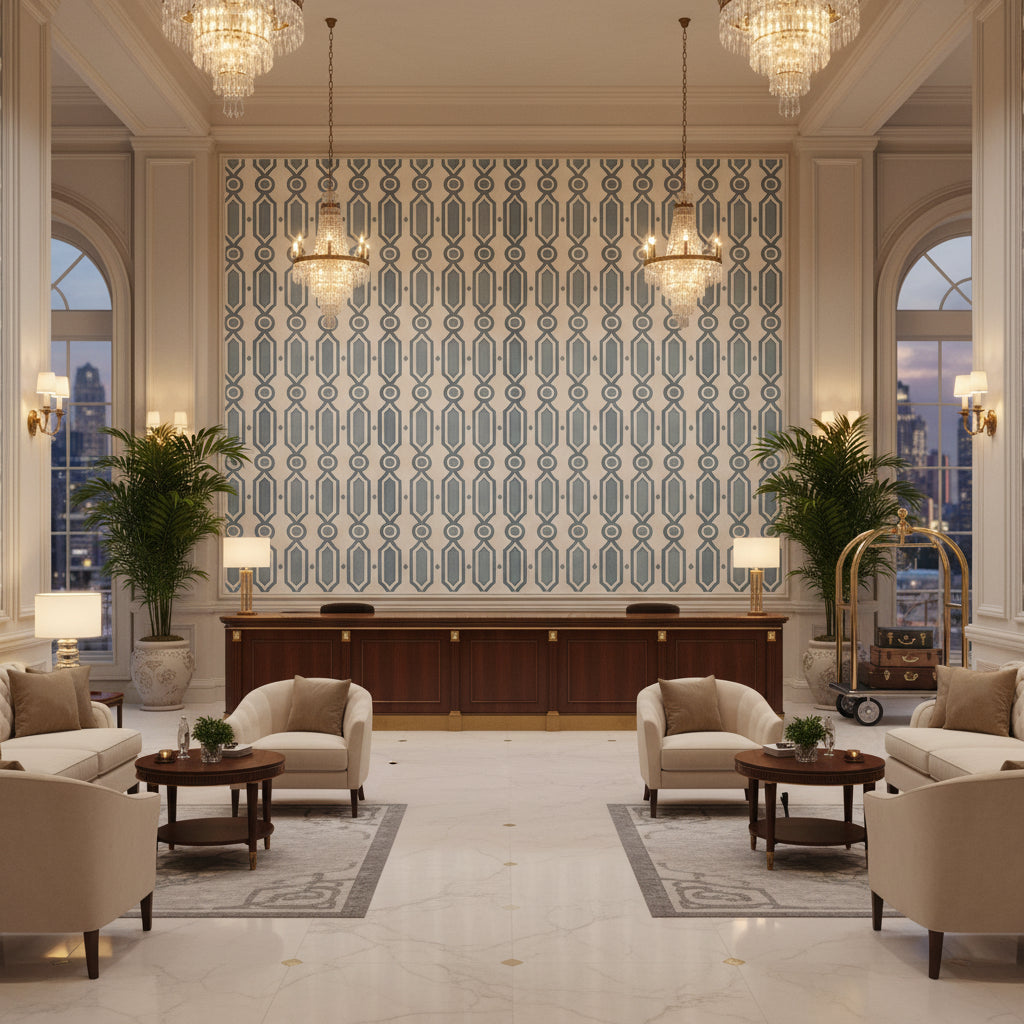 T8019105.5.0 | Kravet - Hotel Lobby Visualization (AI-generated, may not be to scale. Verify pattern scale with product specifications.)