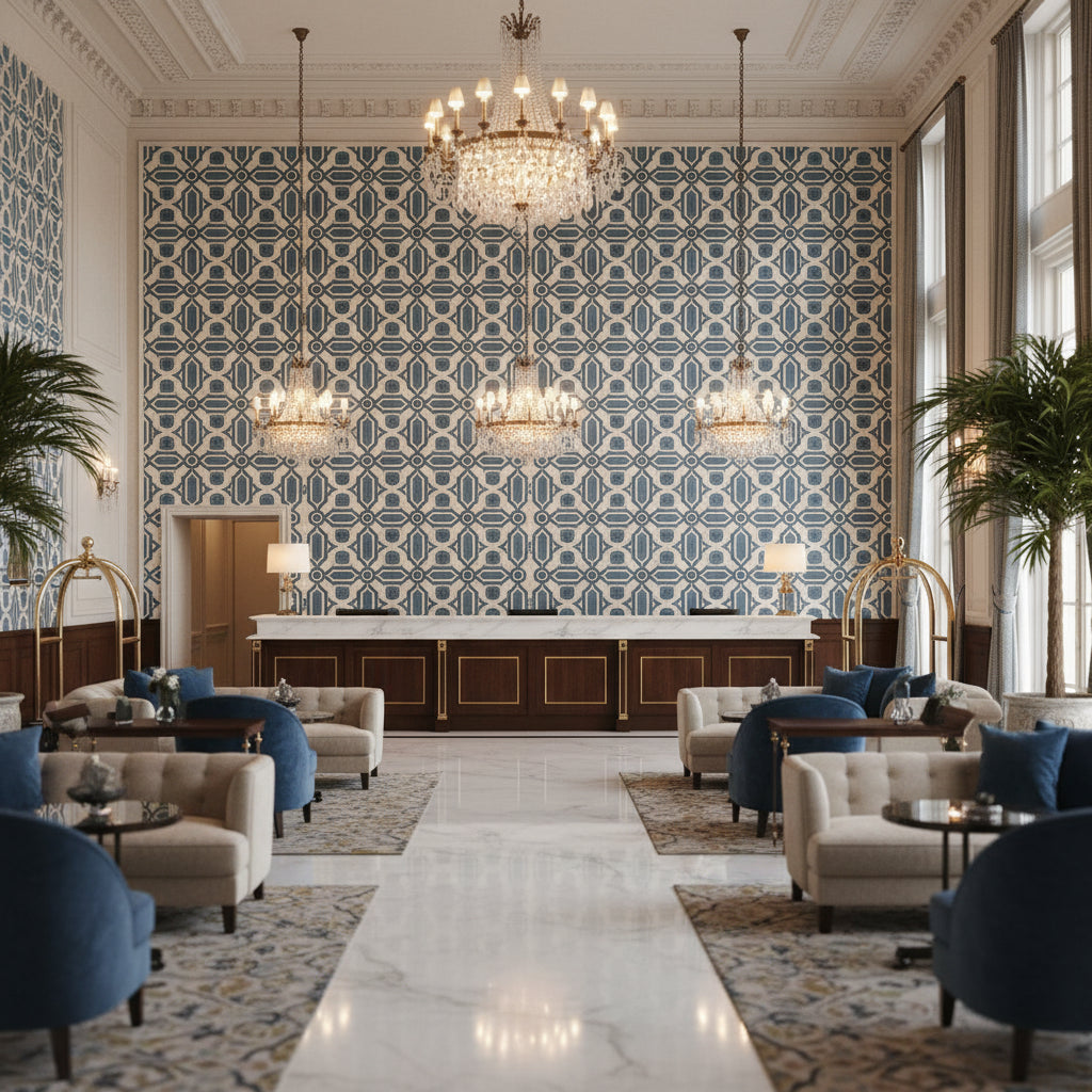 T8019105.50.0 | Kravet - Hotel Lobby Visualization (AI-generated, may not be to scale. Verify pattern scale with product specifications.)