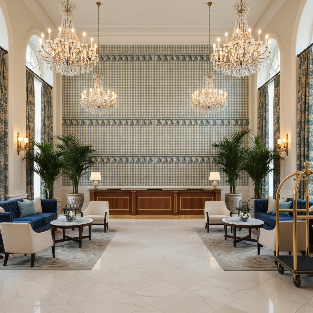 T8020100.113.0 | Kravet - Hotel Lobby Visualization (AI-generated, may not be to scale. Verify pattern scale with product specifications.)