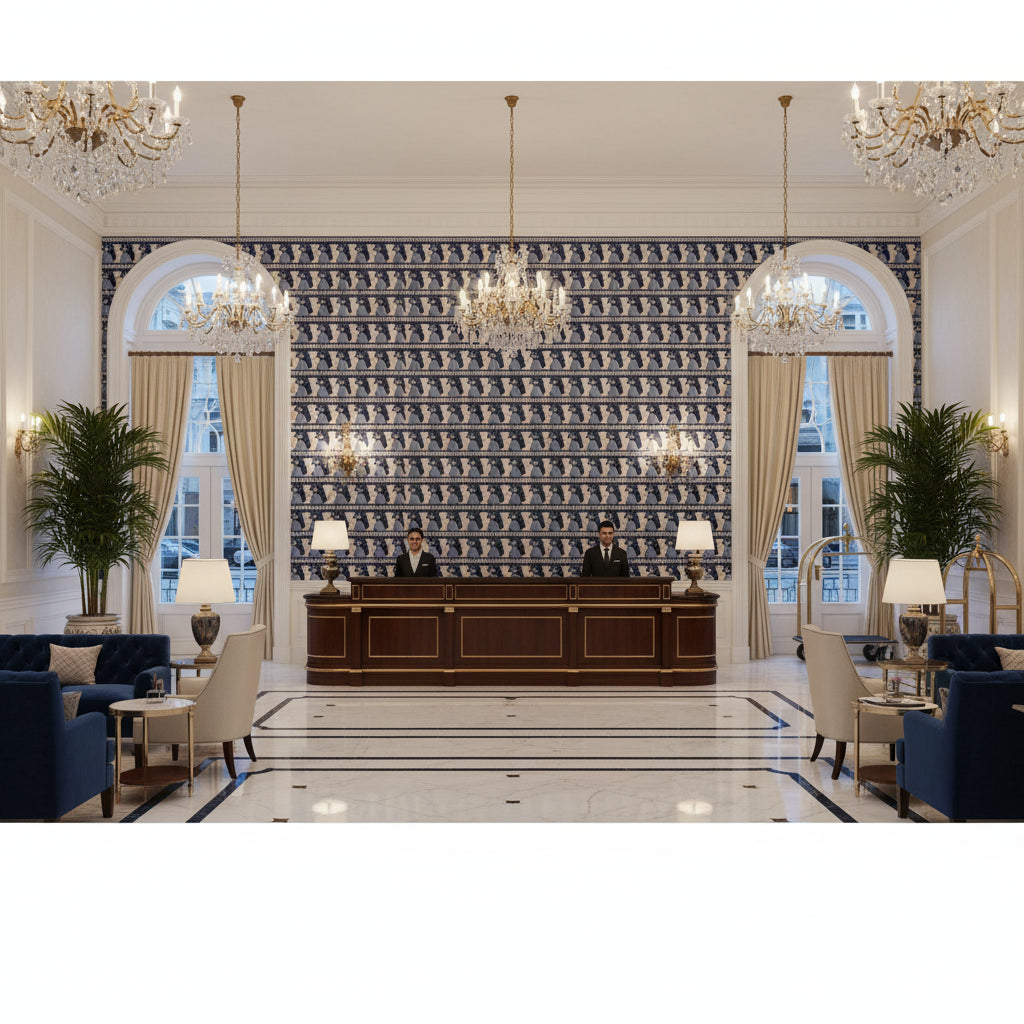 T8020100.501.0 | Kravet - Hotel Lobby Visualization (AI-generated, may not be to scale. Verify pattern scale with product specifications.)