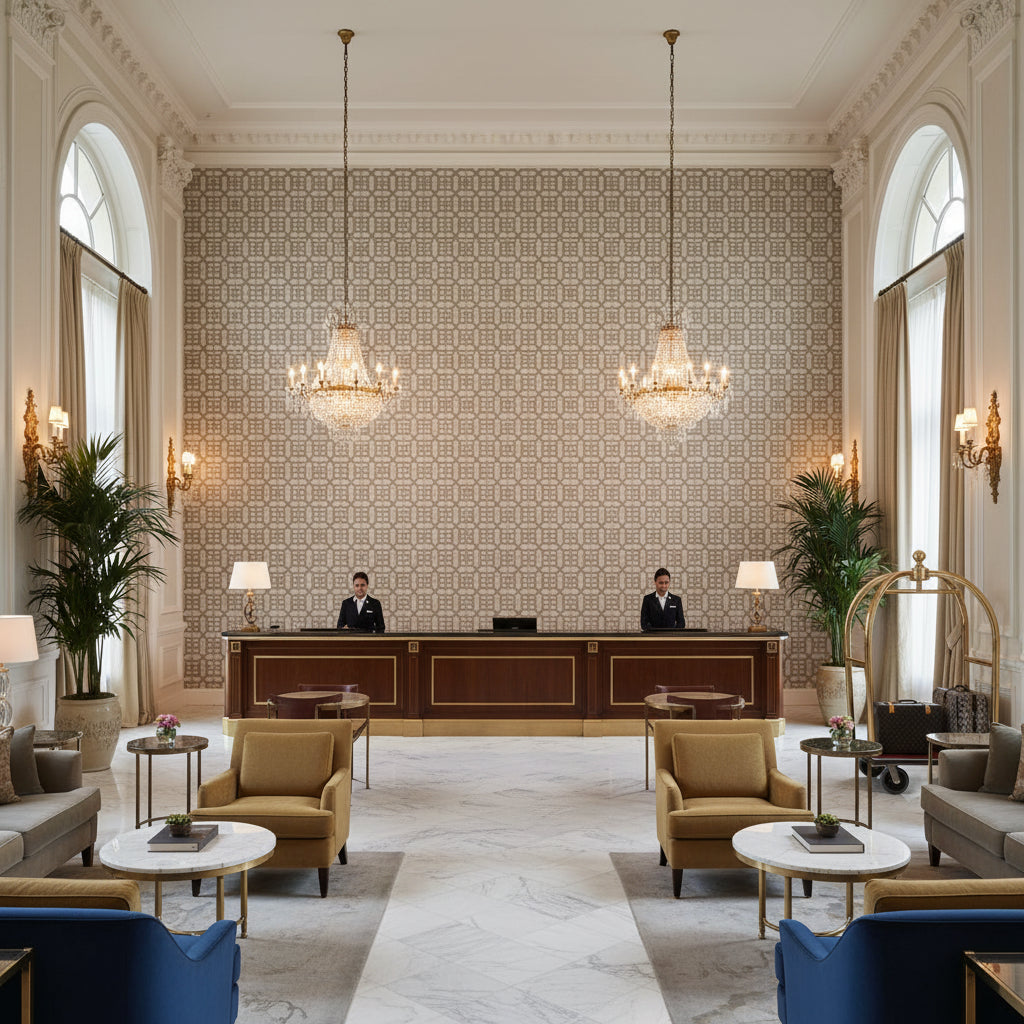 TL10136.11.0 | Kravet - Hotel Lobby Visualization (AI-generated, may not be to scale. Verify pattern scale with product specifications.)
