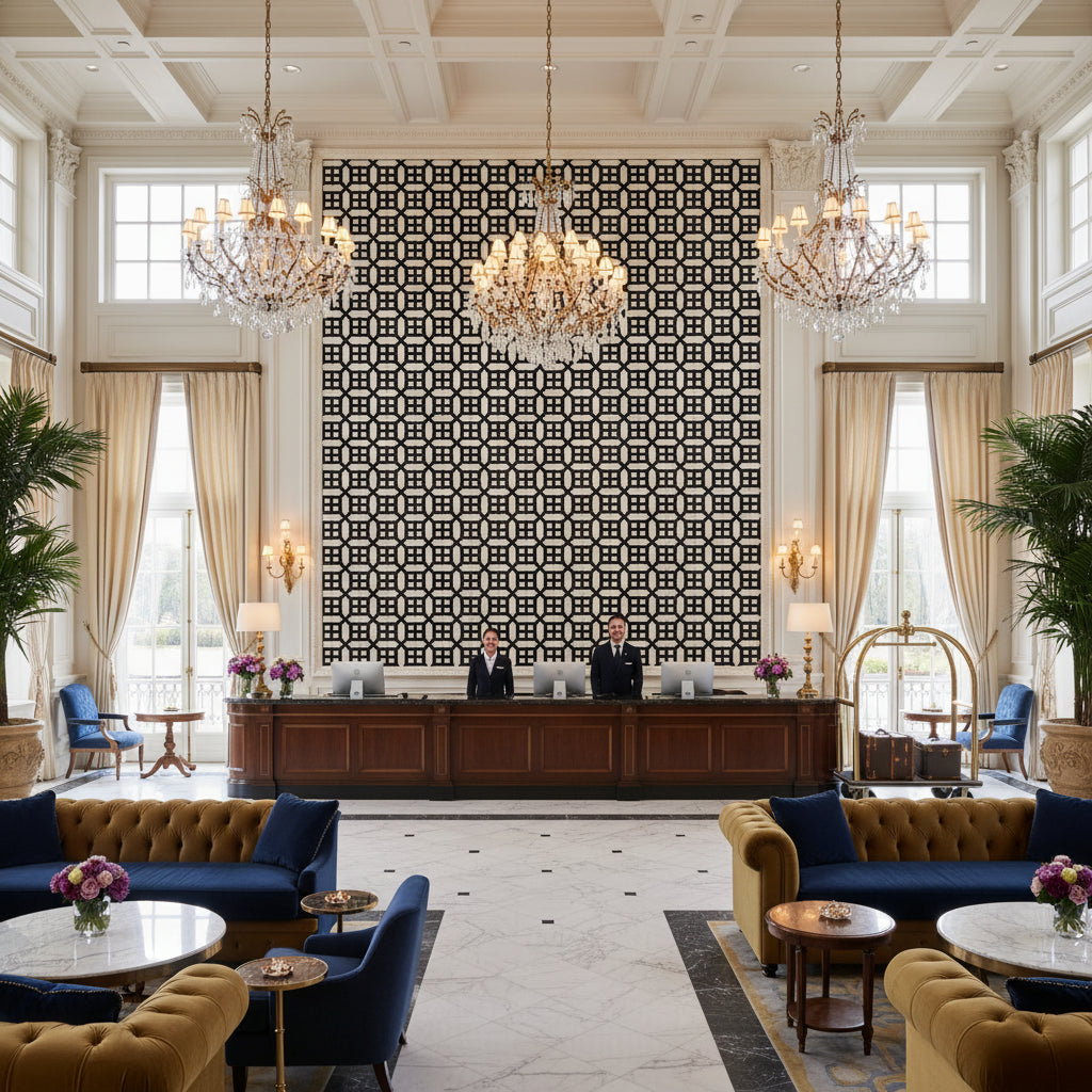 TL10136.8.0 | Kravet - Hotel Lobby Visualization (AI-generated, may not be to scale. Verify pattern scale with product specifications.)