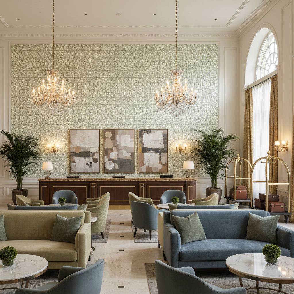 TL10154.13.0 | Kravet - Hotel Lobby Visualization (AI-generated, may not be to scale. Verify pattern scale with product specifications.)