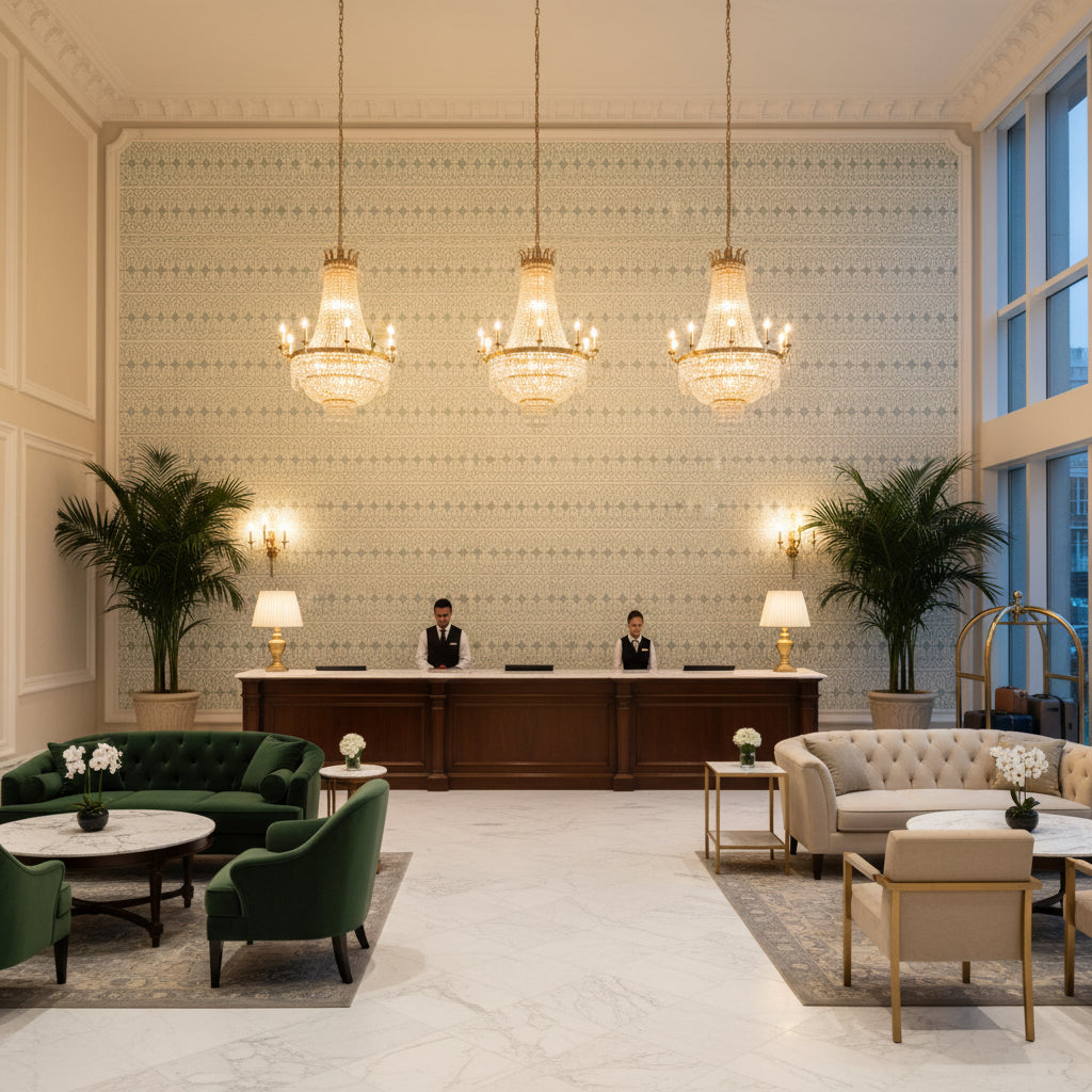 TL10154.15.0 | Kravet - Hotel Lobby Visualization (AI-generated, may not be to scale. Verify pattern scale with product specifications.)