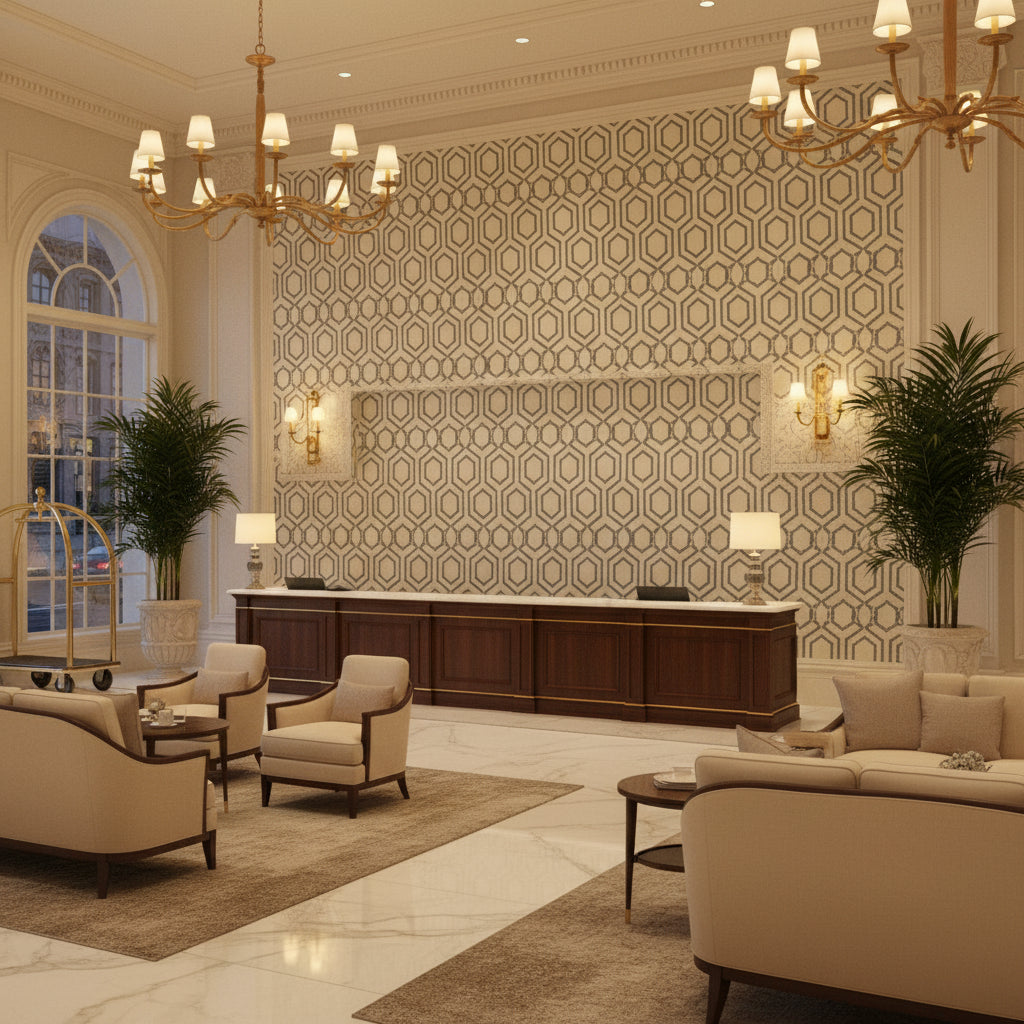 TL10173.15.0 | Kravet - Hotel Lobby Visualization (AI-generated, may not be to scale. Verify pattern scale with product specifications.)