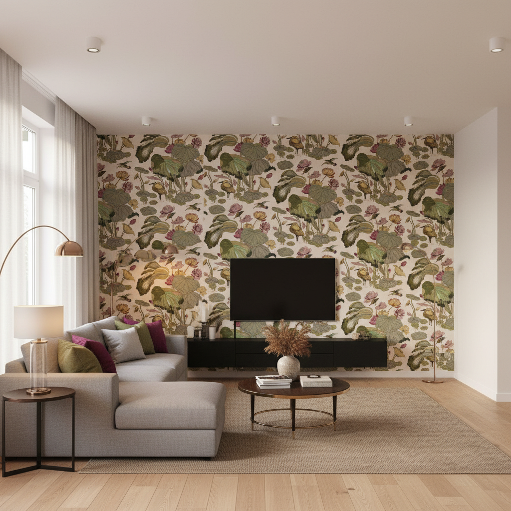Nympheus Print Cream — Living Room Room Setting