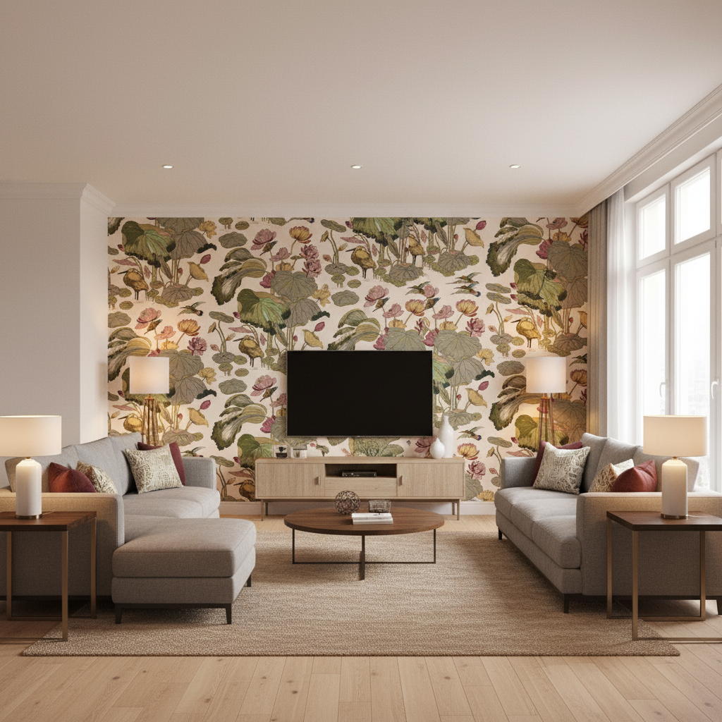 Nympheus Print Cream - Living Room Room Setting