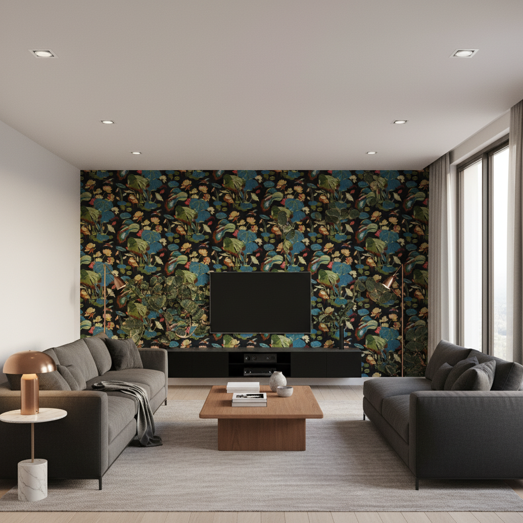 Nympheus Print Teal — Living Room Room Setting