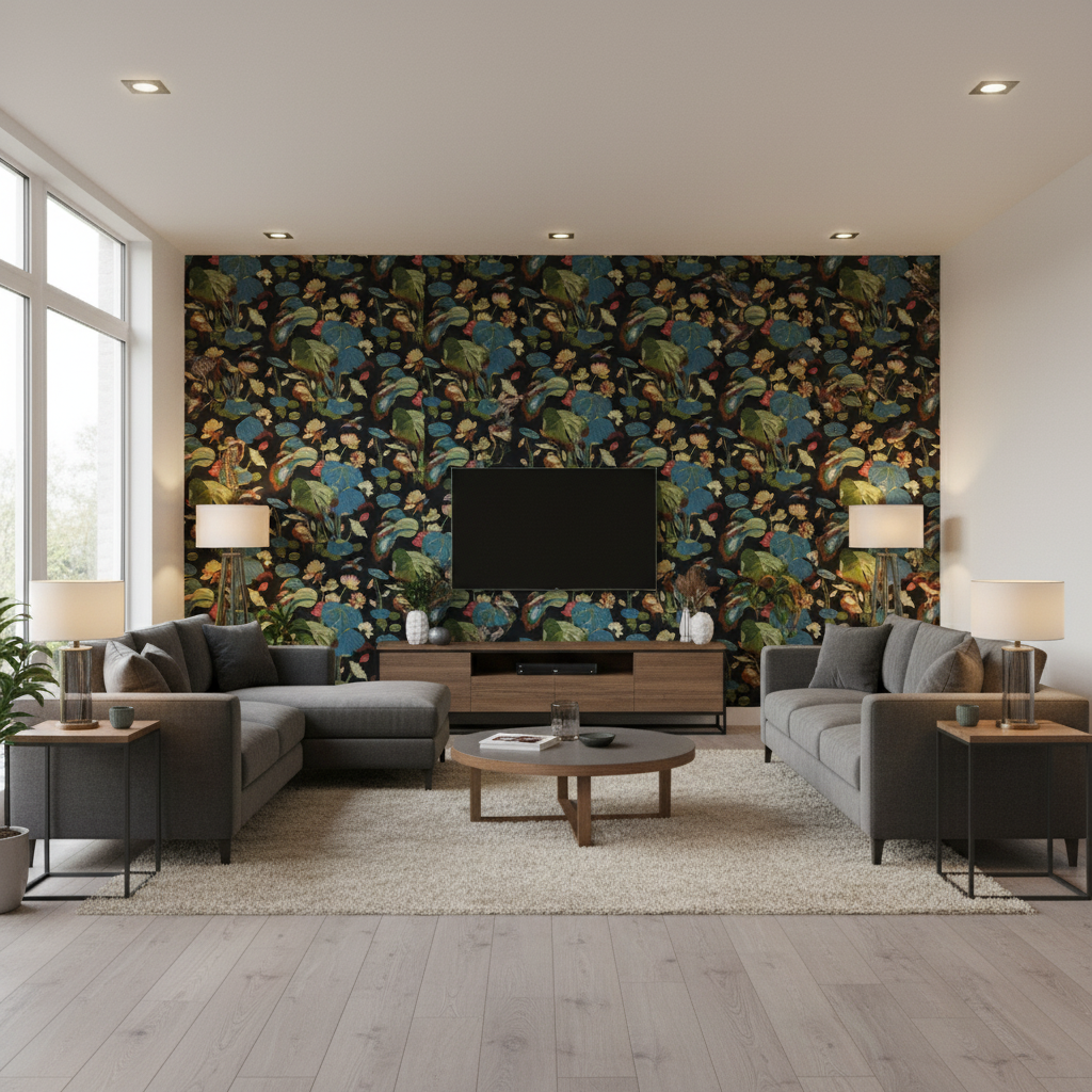 Nympheus Print Teal — Living Room Room Setting