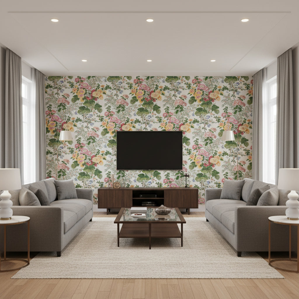 Hollyhock Hdb White/Pink | Kravet - Living Room Visualization (AI-generated, may not be to scale. Verify pattern scale with product specifications.)