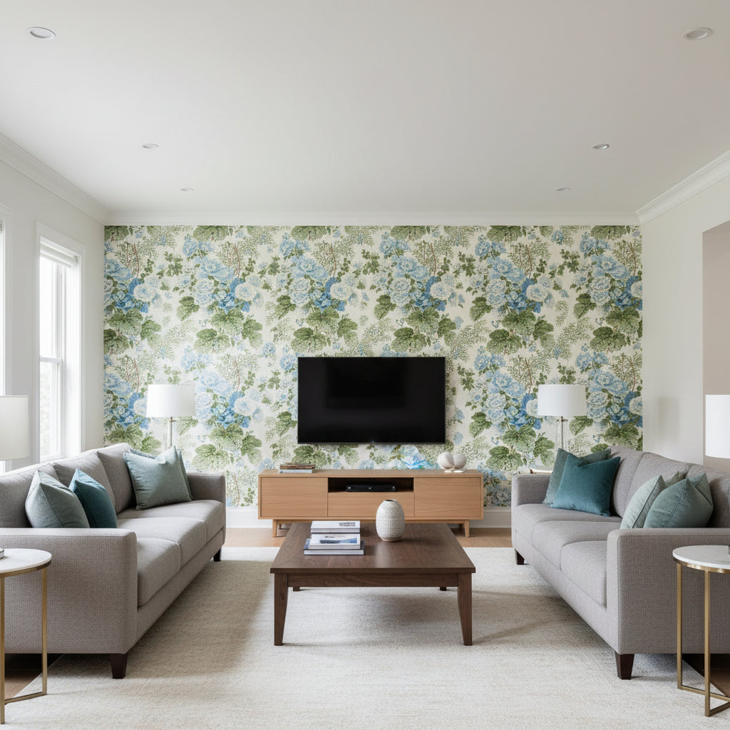 Hollyhock Hdb Blue/Leaf | Kravet - Living Room Visualization (AI-generated, may not be to scale. Verify pattern scale with product specifications.)