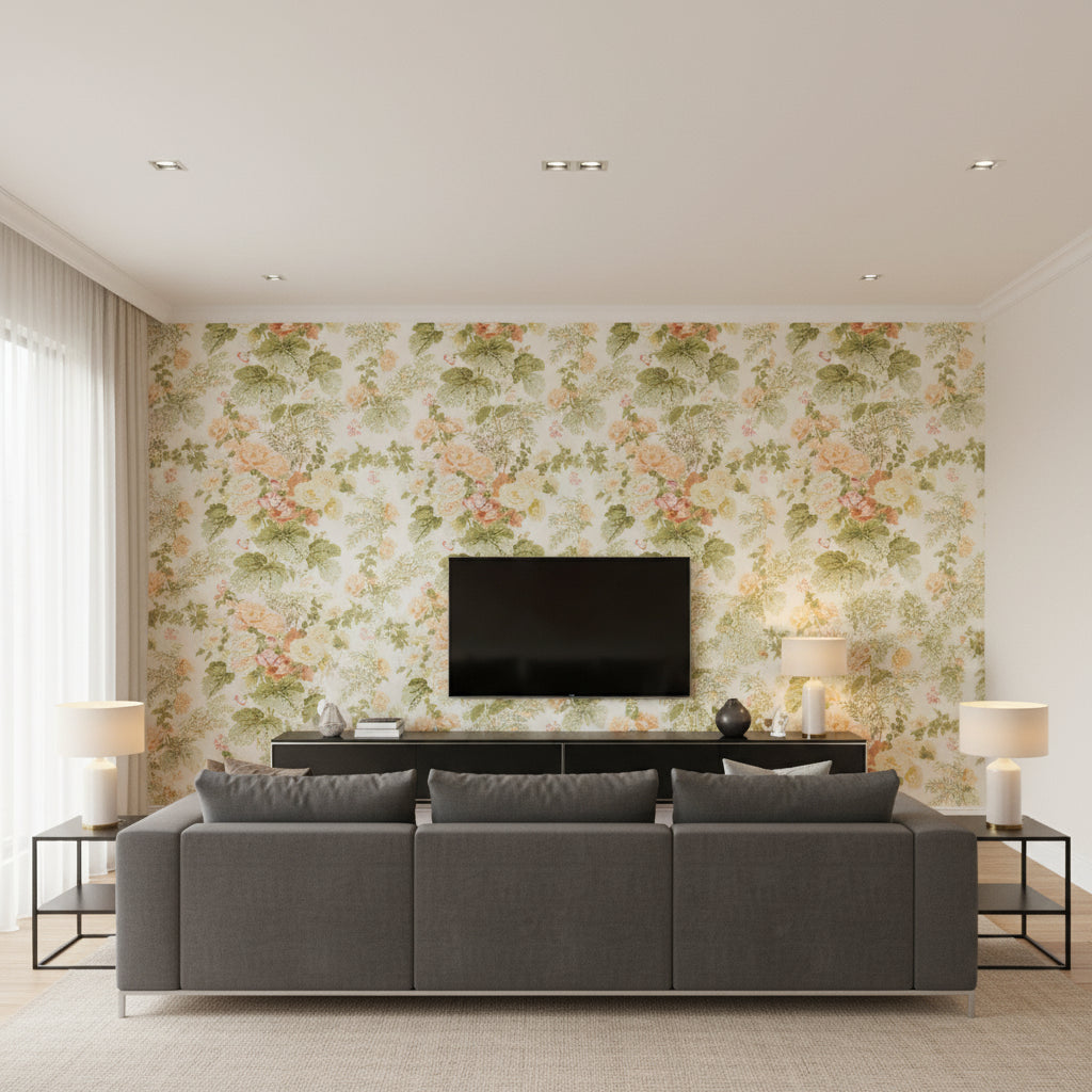 Hollyhock Hdb Apricot/Moss | Kravet - Living Room Visualization (AI-generated, may not be to scale. Verify pattern scale with product specifications.)