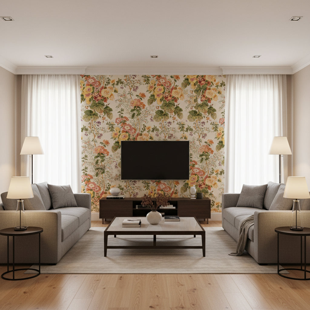 Hollyhock Hdb Red/Green | Kravet - Living Room Visualization (AI-generated, may not be to scale. Verify pattern scale with product specifications.)
