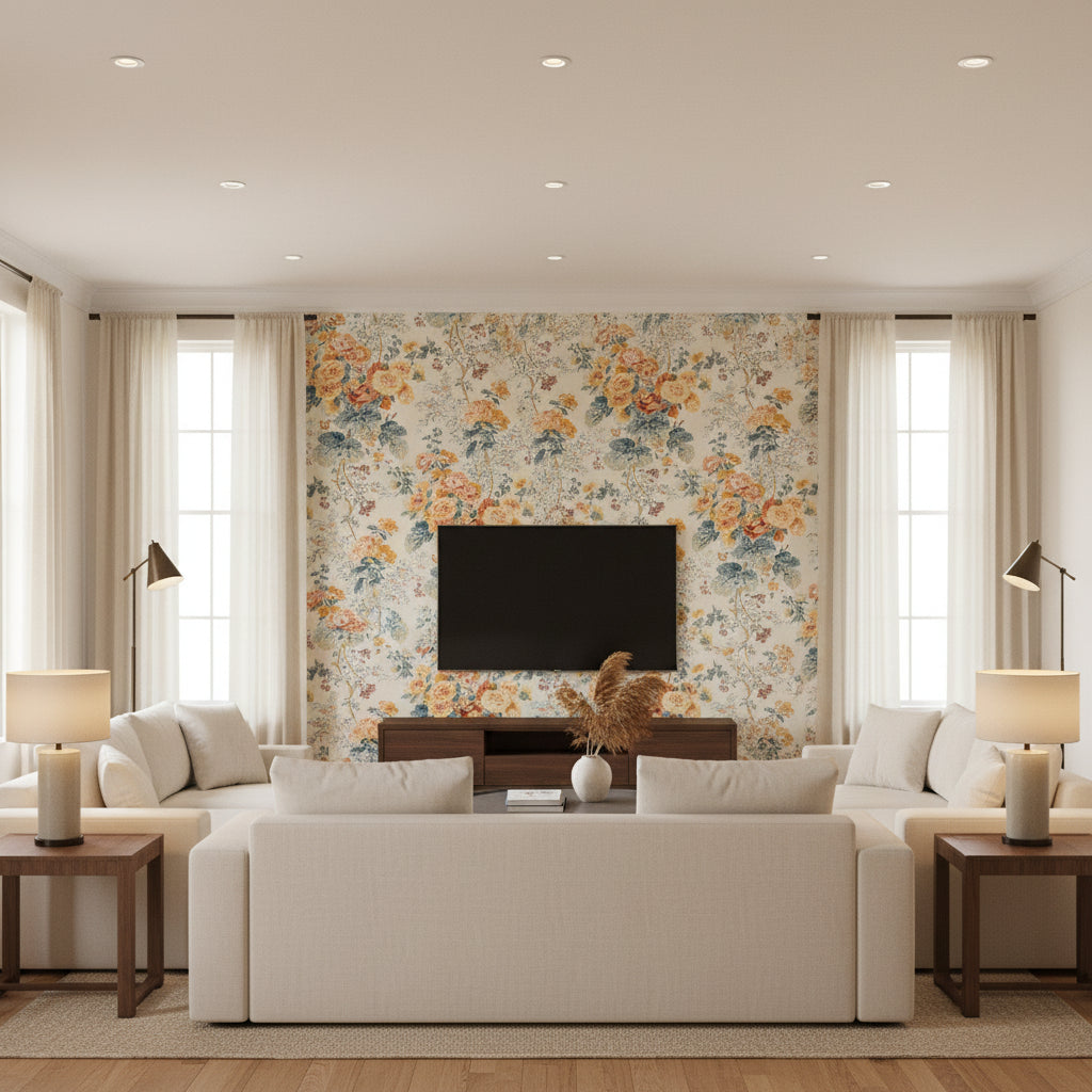 Hollyhock Hdb Apricot/Lake | Kravet - Living Room Visualization (AI-generated, may not be to scale. Verify pattern scale with product specifications.)