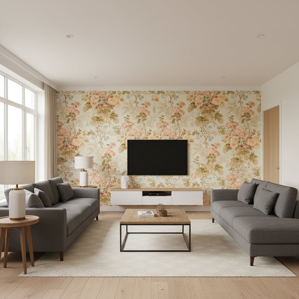 Hollyhock Hdb Coral/Olive | Kravet - Living Room Visualization (AI-generated, may not be to scale. Verify pattern scale with product specifications.)