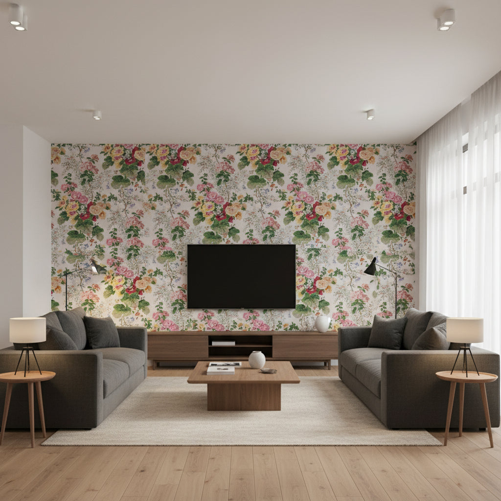 Hollyhock Hb Wht/Pink | Kravet - Living Room Visualization (AI-generated, may not be to scale. Verify pattern scale with product specifications.)