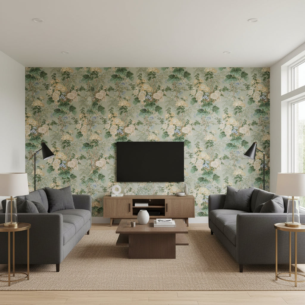 Hollyhock Hb Celadon | Kravet - Living Room Visualization (AI-generated, may not be to scale. Verify pattern scale with product specifications.)