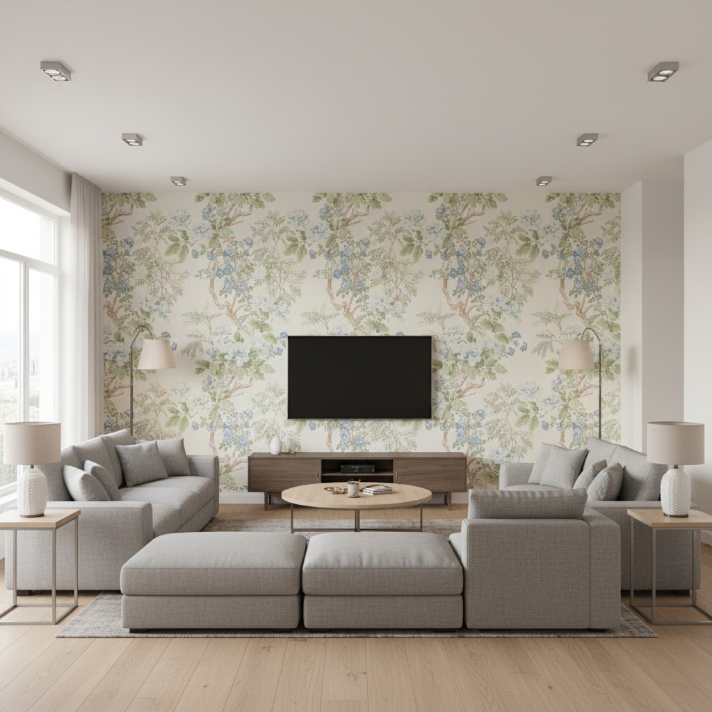 Chinese Peony Blue — Living Room Room Setting