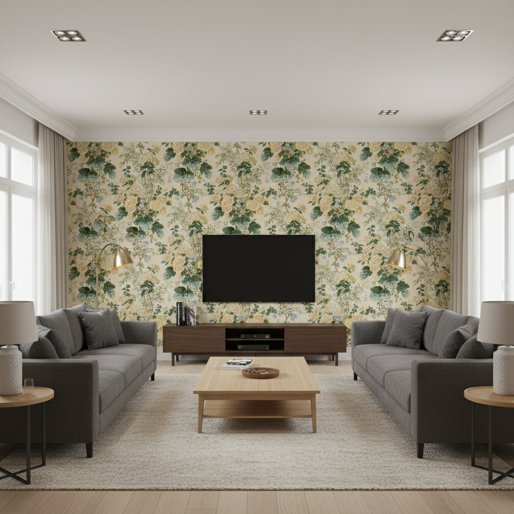 Hollyhock Hdb Lemon/Aqua | Kravet - Living Room Visualization (AI-generated, may not be to scale. Verify pattern scale with product specifications.)