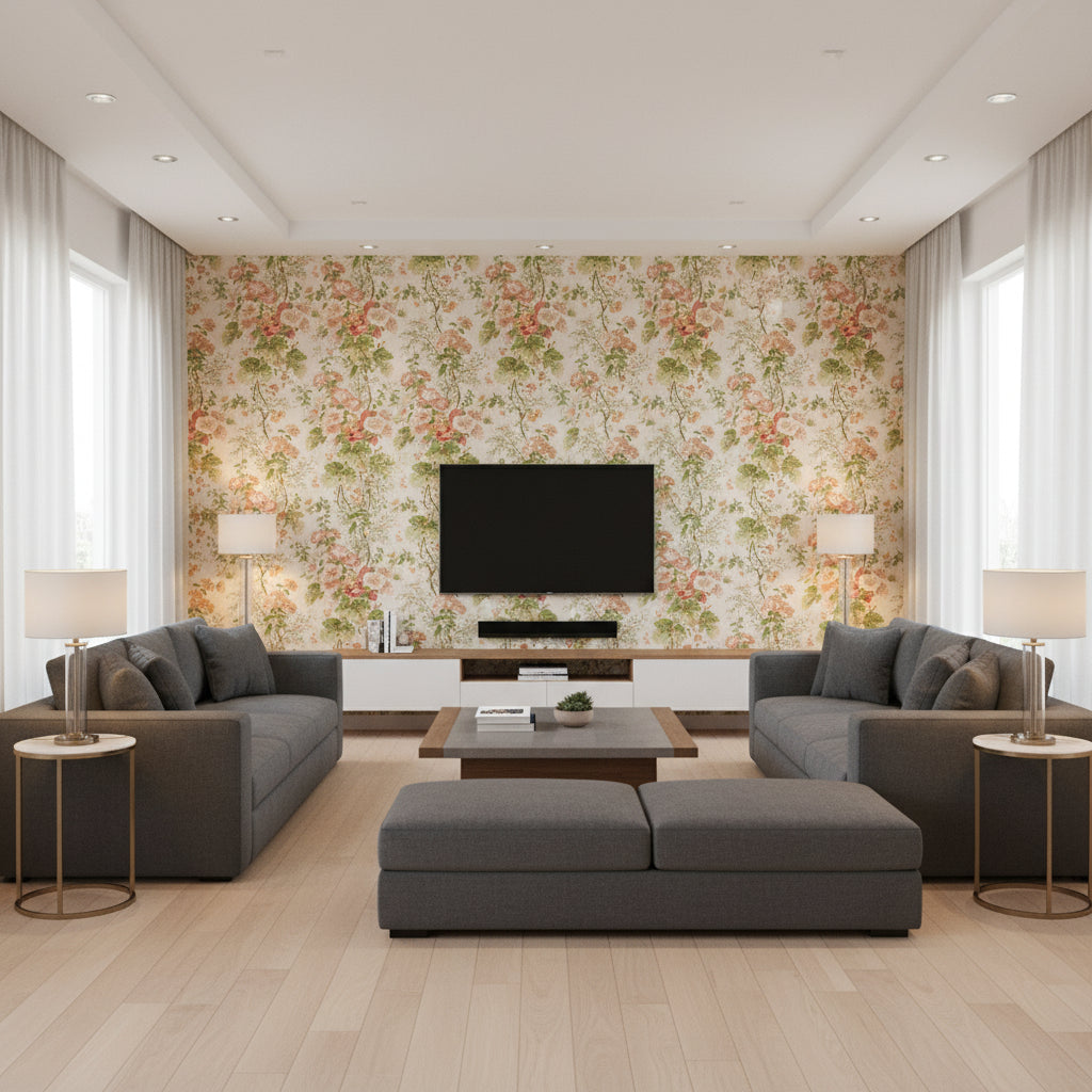Hollyhock Hdb Coral/Apple | Kravet - Living Room Visualization (AI-generated, may not be to scale. Verify pattern scale with product specifications.)