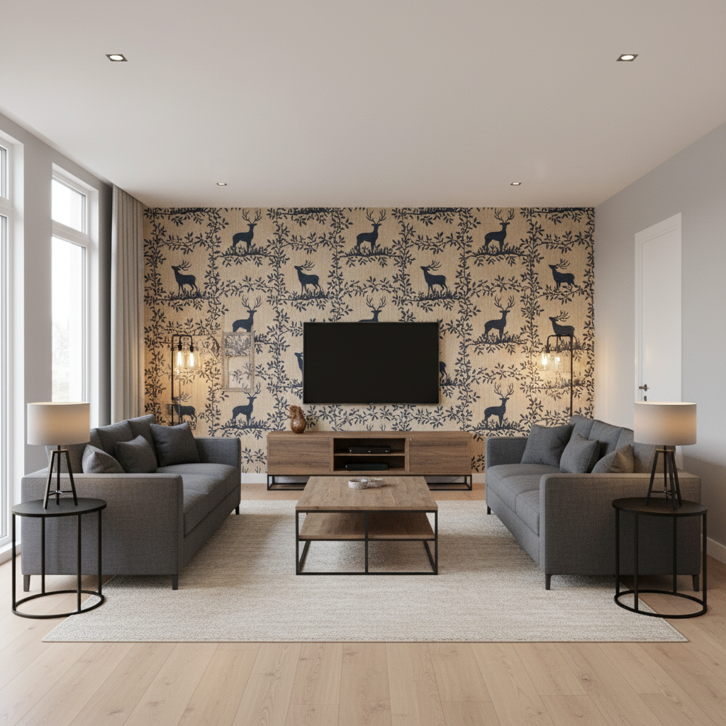 Caribou Emb Navy — Living Room Room Setting