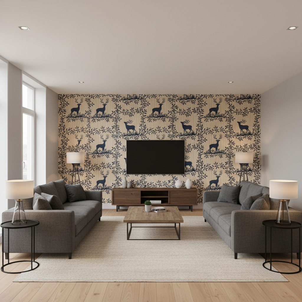 Caribou Emb Navy — Living Room Room Setting