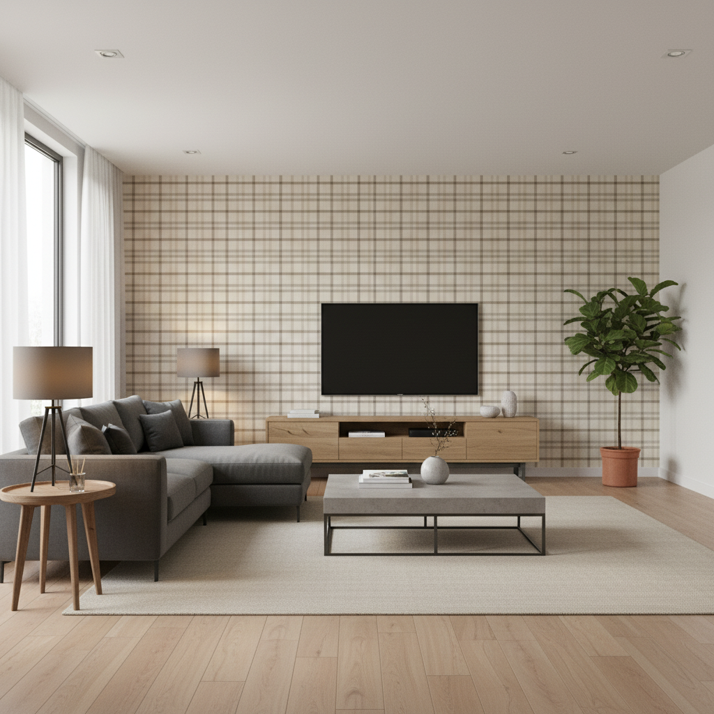 Fannin Plaid Stone/Mink — Living Room Room Setting