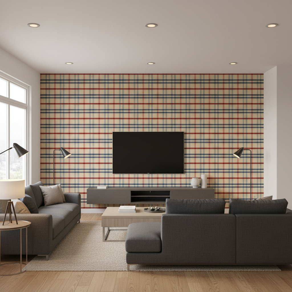 Fannin Plaid Ruby/Navy — Living Room Room Setting