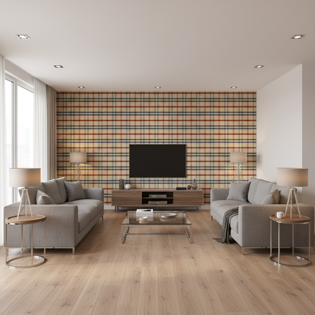 Fannin Plaid Ruby/Navy — Living Room Room Setting