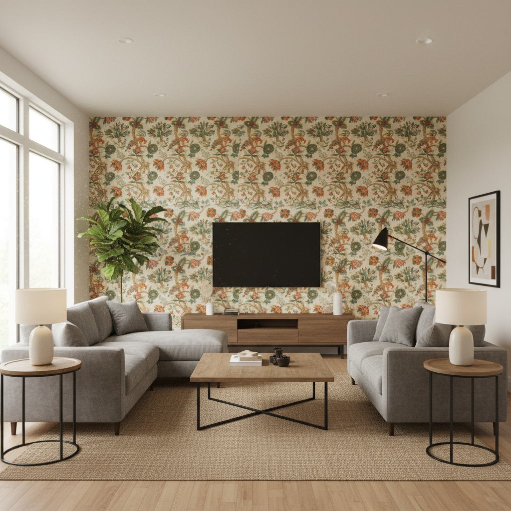 Leyland Print Berry/Forest — Living Room Room Setting