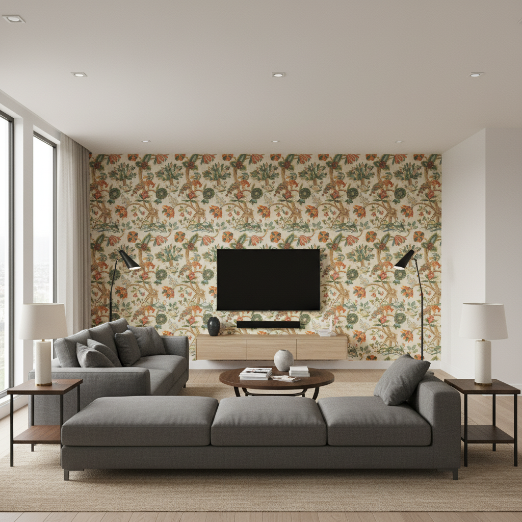 Leyland Print Berry/Forest — Living Room Room Setting