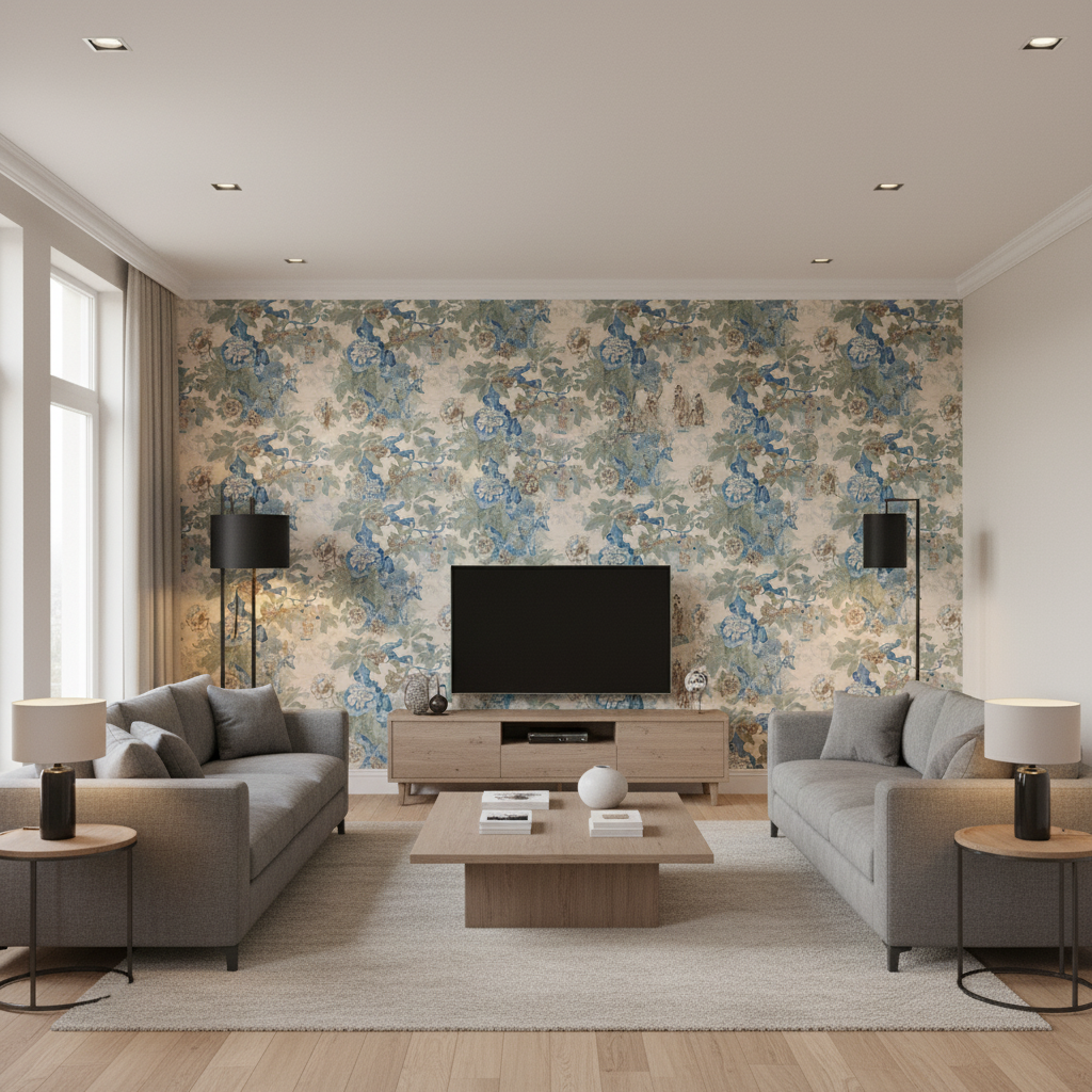 Chinese Lantern Ii Sky/Jade — Living Room Room Setting