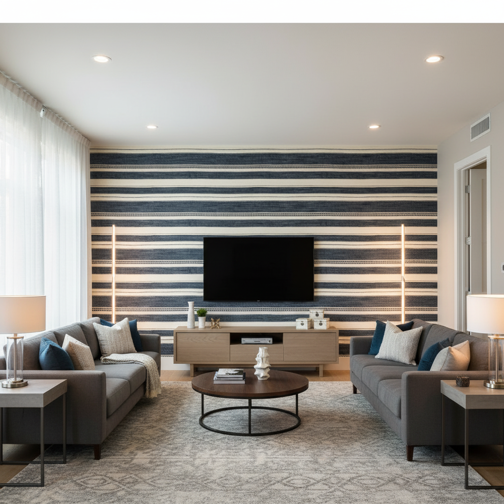 Entoto Stripe Marine/Ivory — Living Room Room Setting
