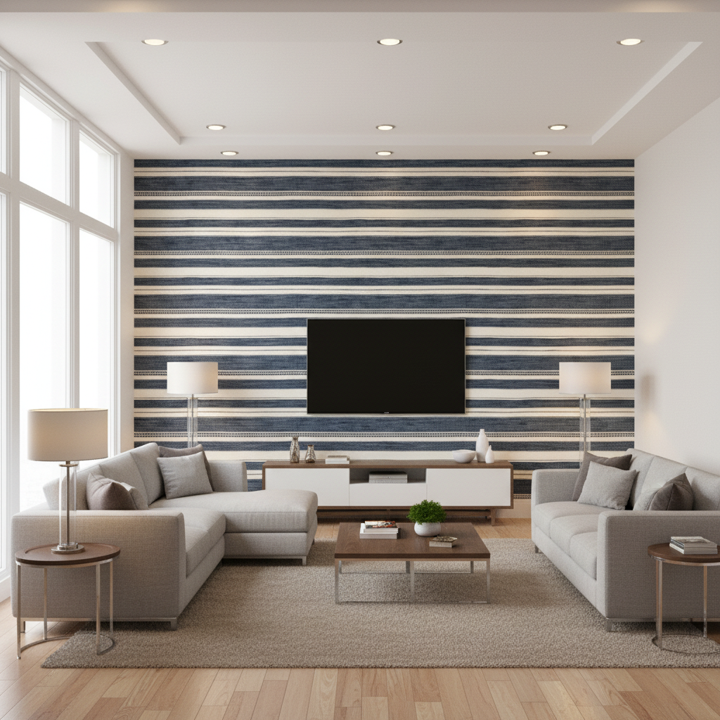 Entoto Stripe Marine/Ivory — Living Room Room Setting