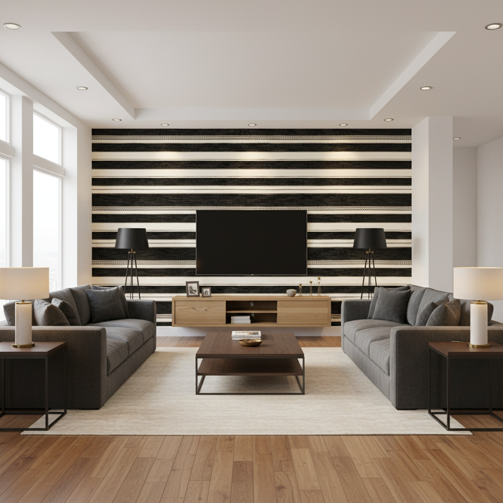 Entoto Stripe Ivory/Black — Living Room Room Setting