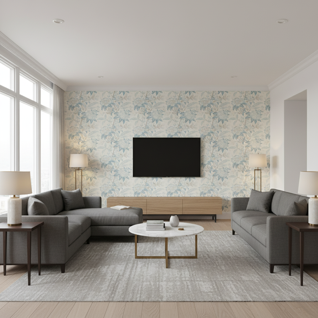 Davenport Print Frost Blue — Living Room Room Setting