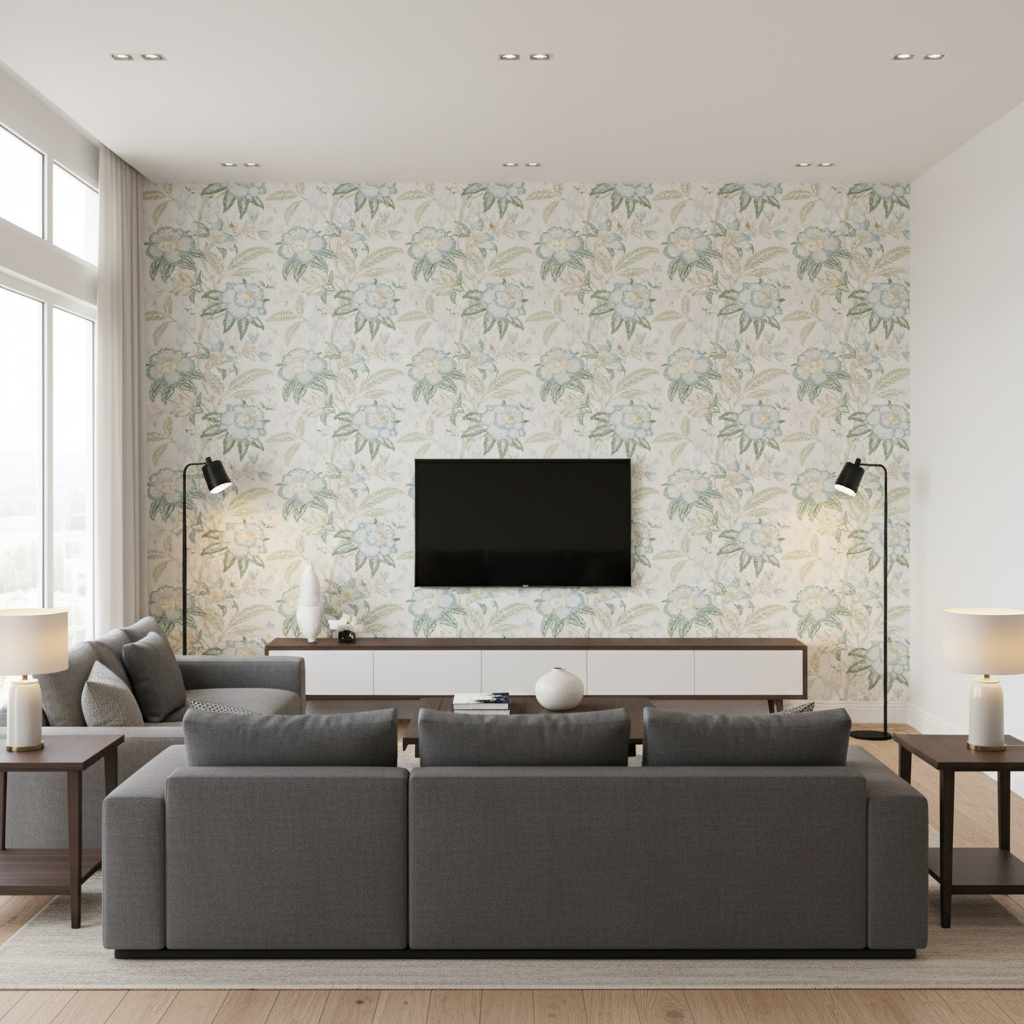 Davenport Print Sea Mist — Living Room Room Setting