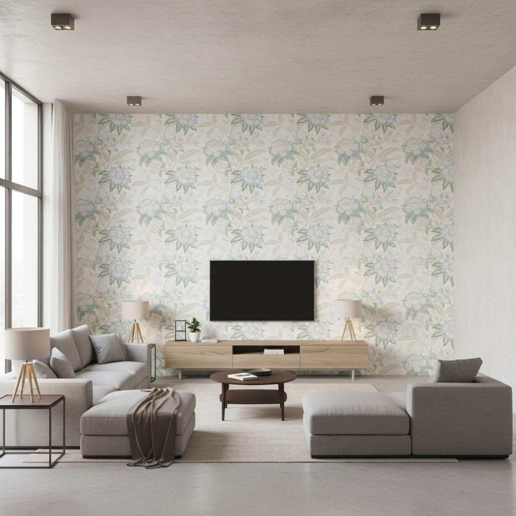 Davenport Print Sea Mist — Living Room Room Setting