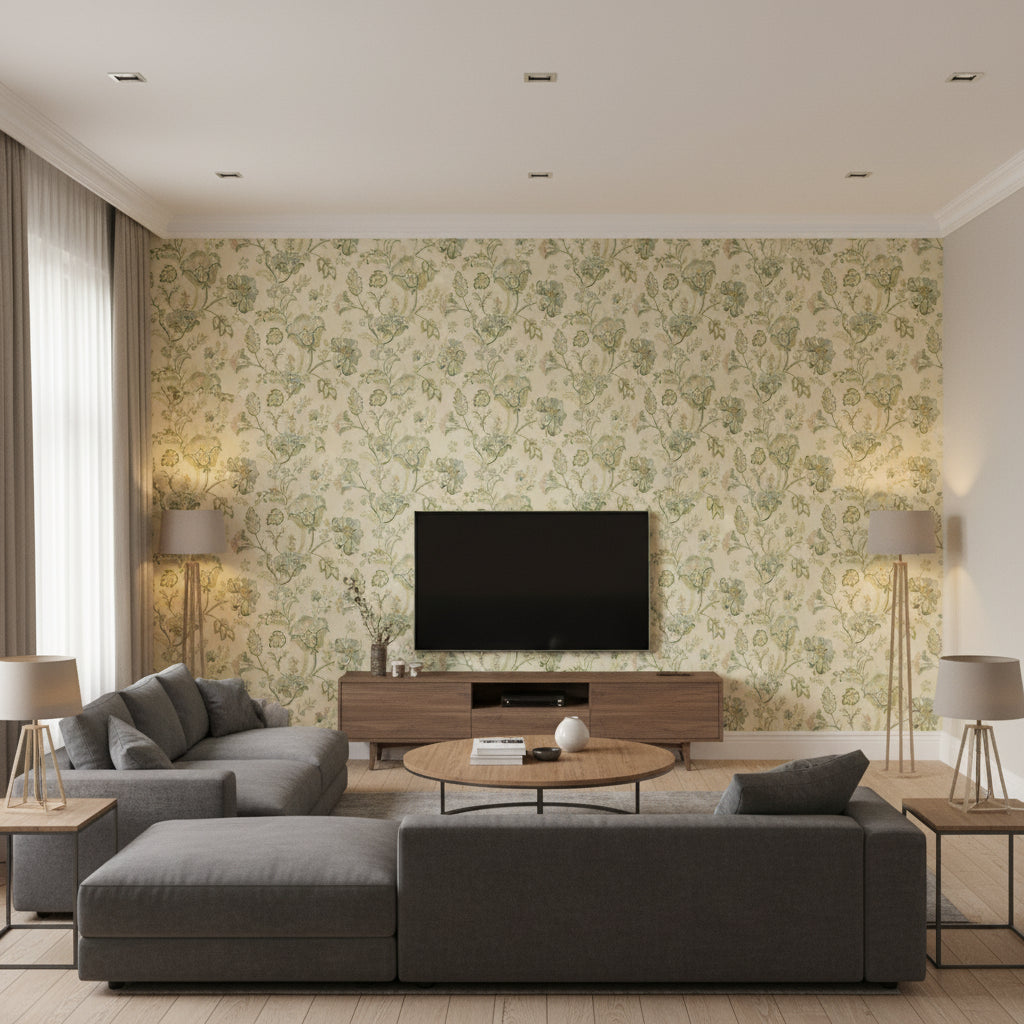 Bradford Emb Greenery | Kravet - Living Room Visualization (AI-generated, may not be to scale. Verify pattern scale with product specifications.)