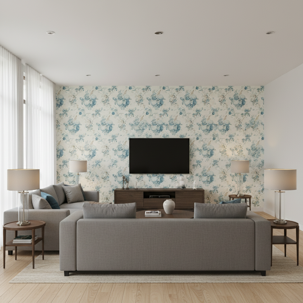 Adelyn Handblock Blue — Living Room Room Setting
