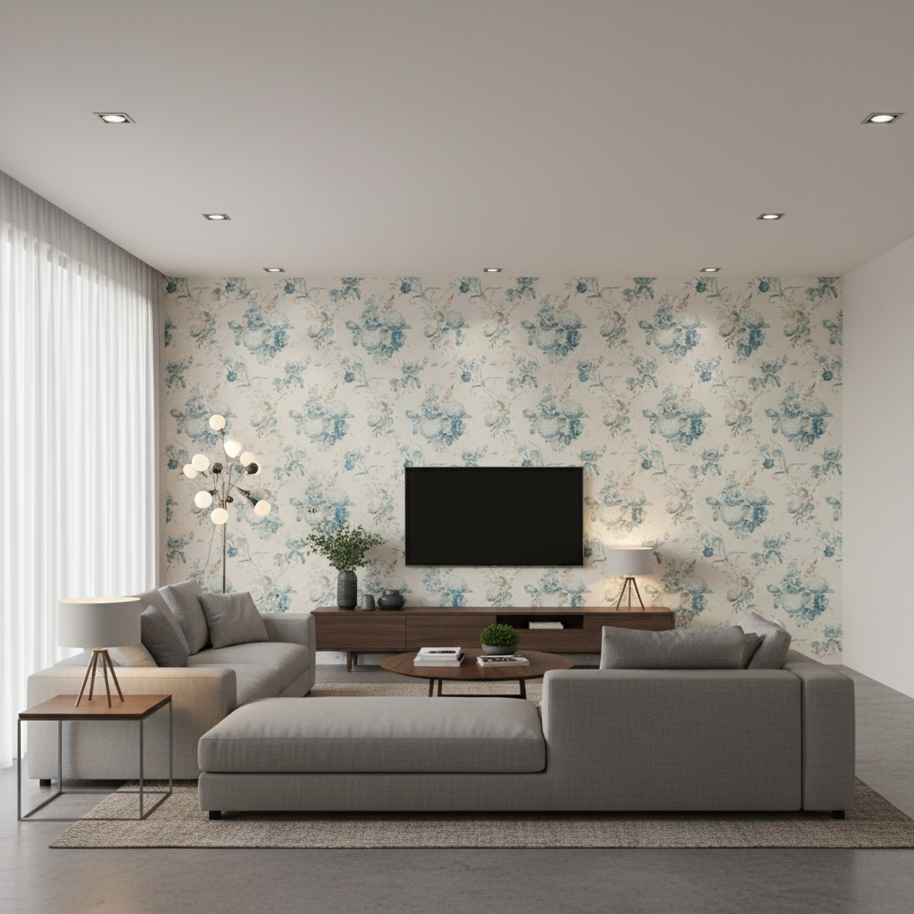 Adelyn Handblock Blue — Living Room Room Setting