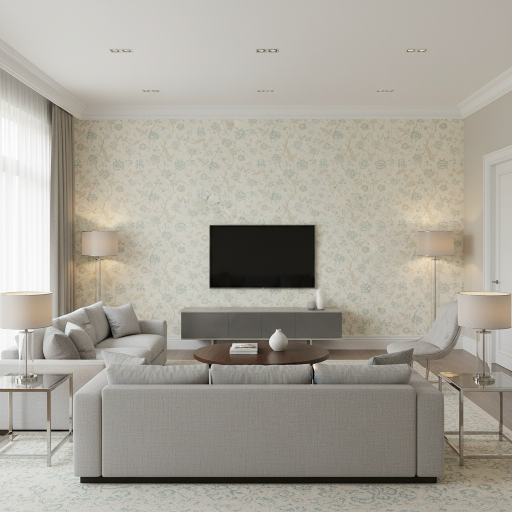 Avignon Print Aqua/Sage — Living Room Room Setting