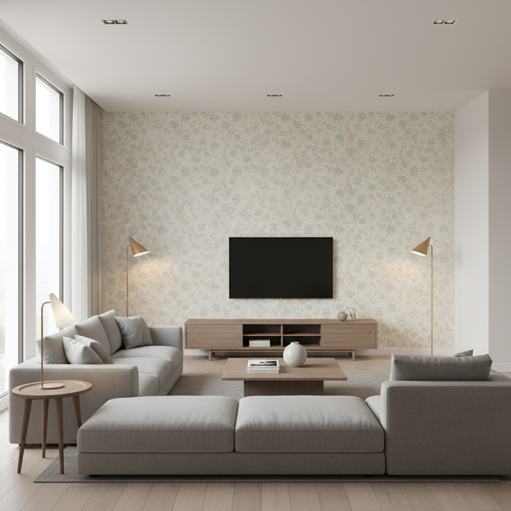 Avignon Print Aqua/Sage — Living Room Room Setting
