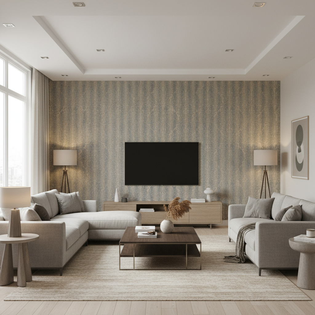 Shaw Damask Mist — Living Room Room Setting