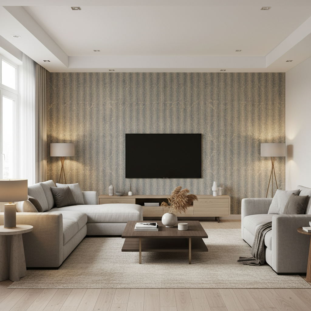 Shaw Damask Mist — Living Room Room Setting