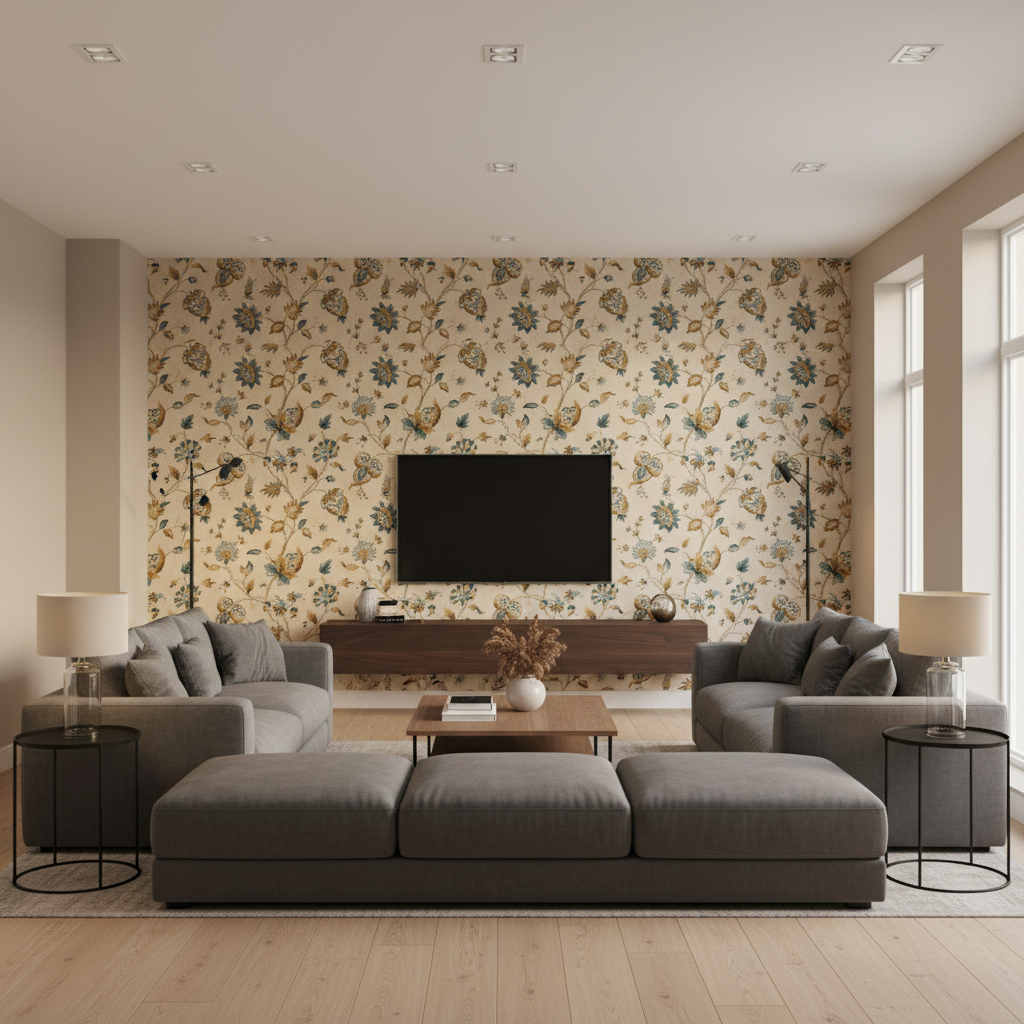 Hollin Print Peacock — Living Room Room Setting