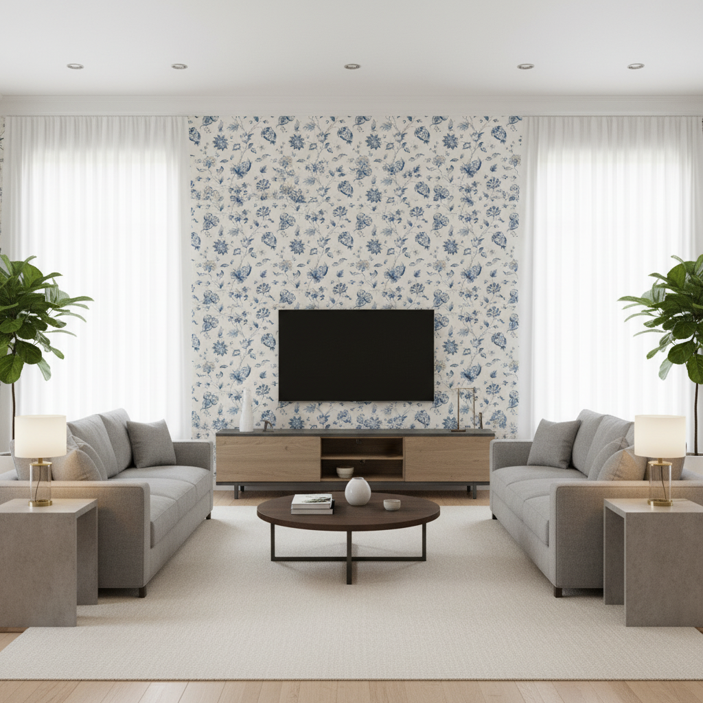 Hollin Print Indigo — Living Room Room Setting