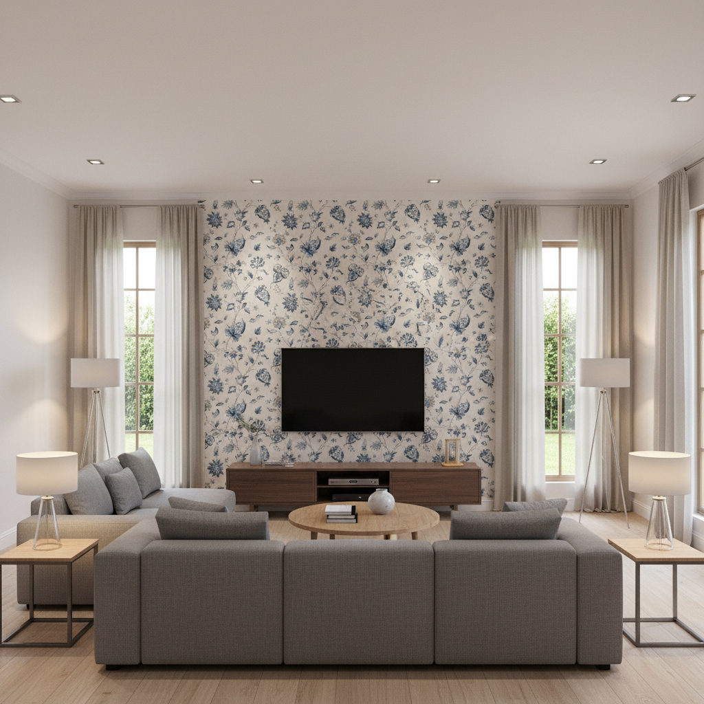 Hollin Print Indigo — Living Room Room Setting